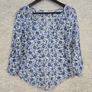 Roller Rabbit Top Womens Small Blue Floral V-Neck Pullover Long Sleeve Bloomcore